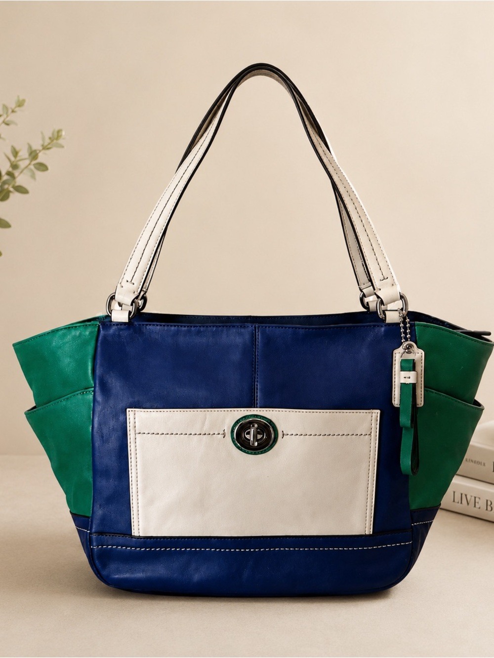 Coach Carrie Colorblock Leather Tote Bag Blue Green White Y2K Shoulder Purse